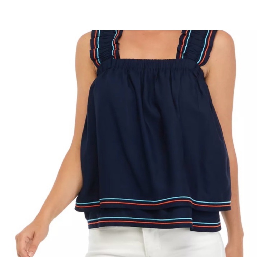 crown & ivy Navy Tank Top with Striped Trim